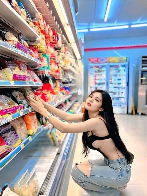 A young woman in a black crop top and distressed jeans squatting while browsing grocery items on a supermarket shelf