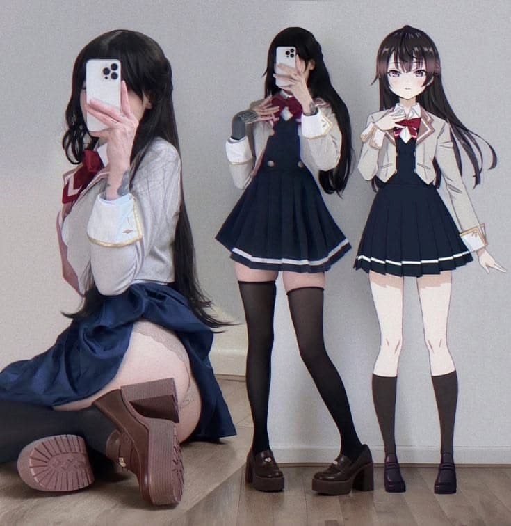 Comparison of a woman in school uniform cosplay and her anime character counterpart