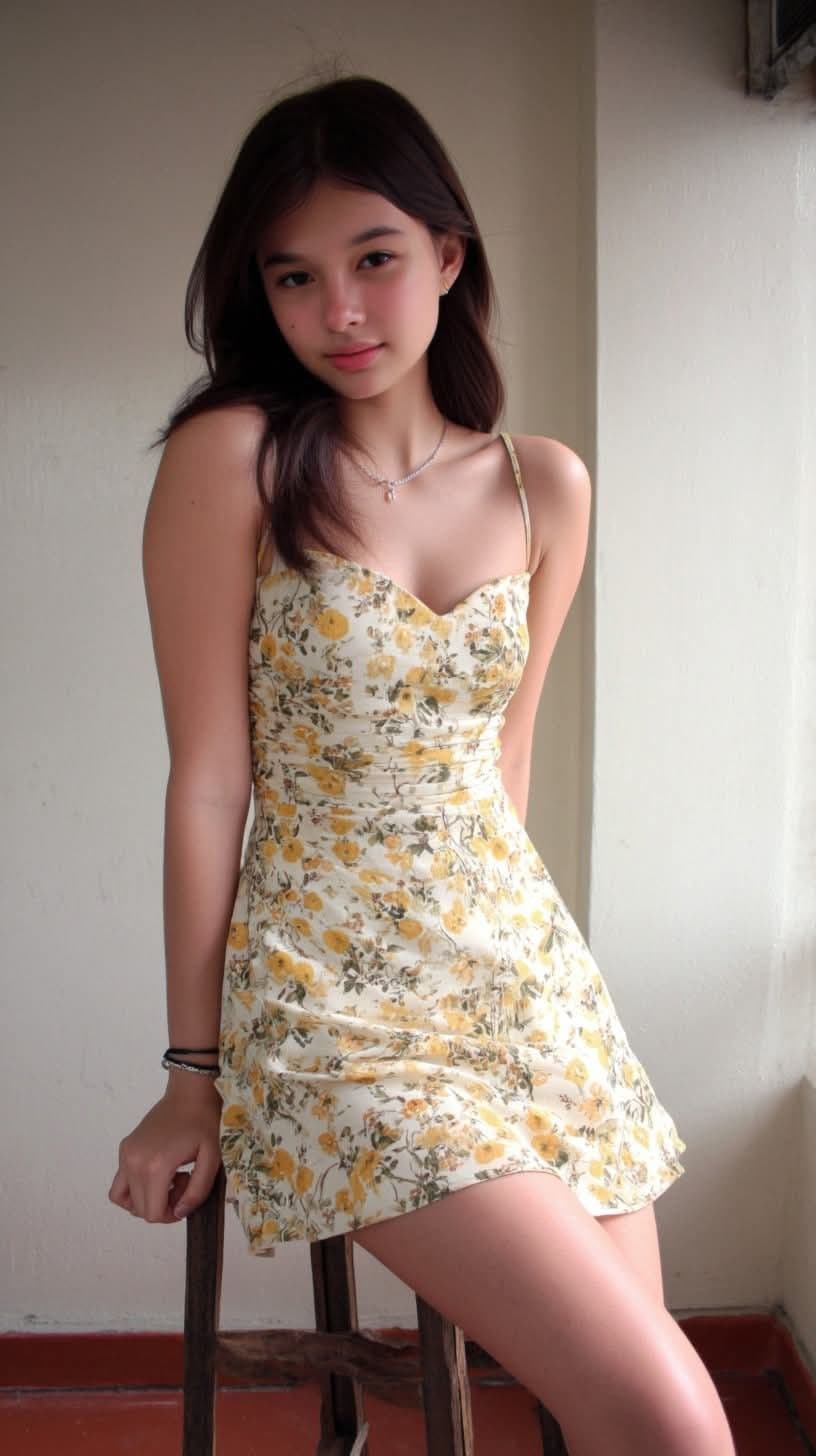 Young woman in yellow floral print mini dress sitting on a stool