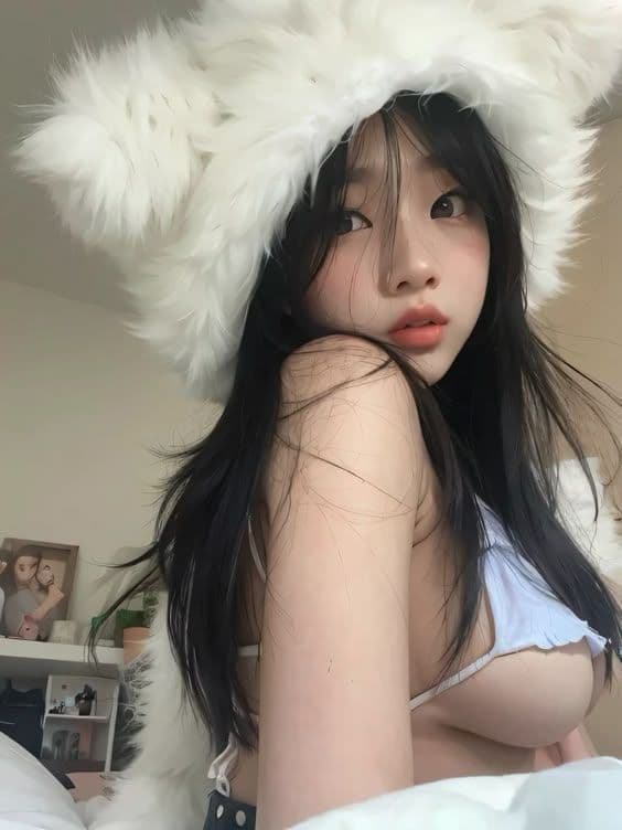 Young woman with long dark hair wearing a large, fluffy white bear hat and a white top, looking over her shoulder